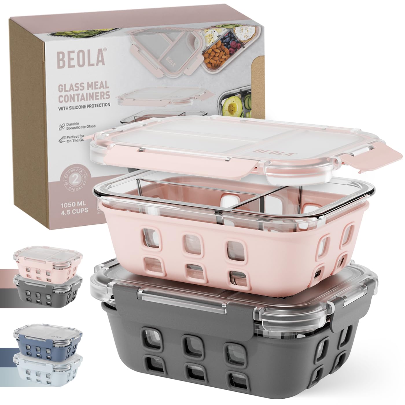 BEOLA Set of 2, Glass Food Storage Container, Lunch Box, with Airtight Lid and Silicone Protection Sleeve, 3 Section Meal Prep, Freezer, Dishwasher, Microwave Safe, Glass (Gray/Pink)