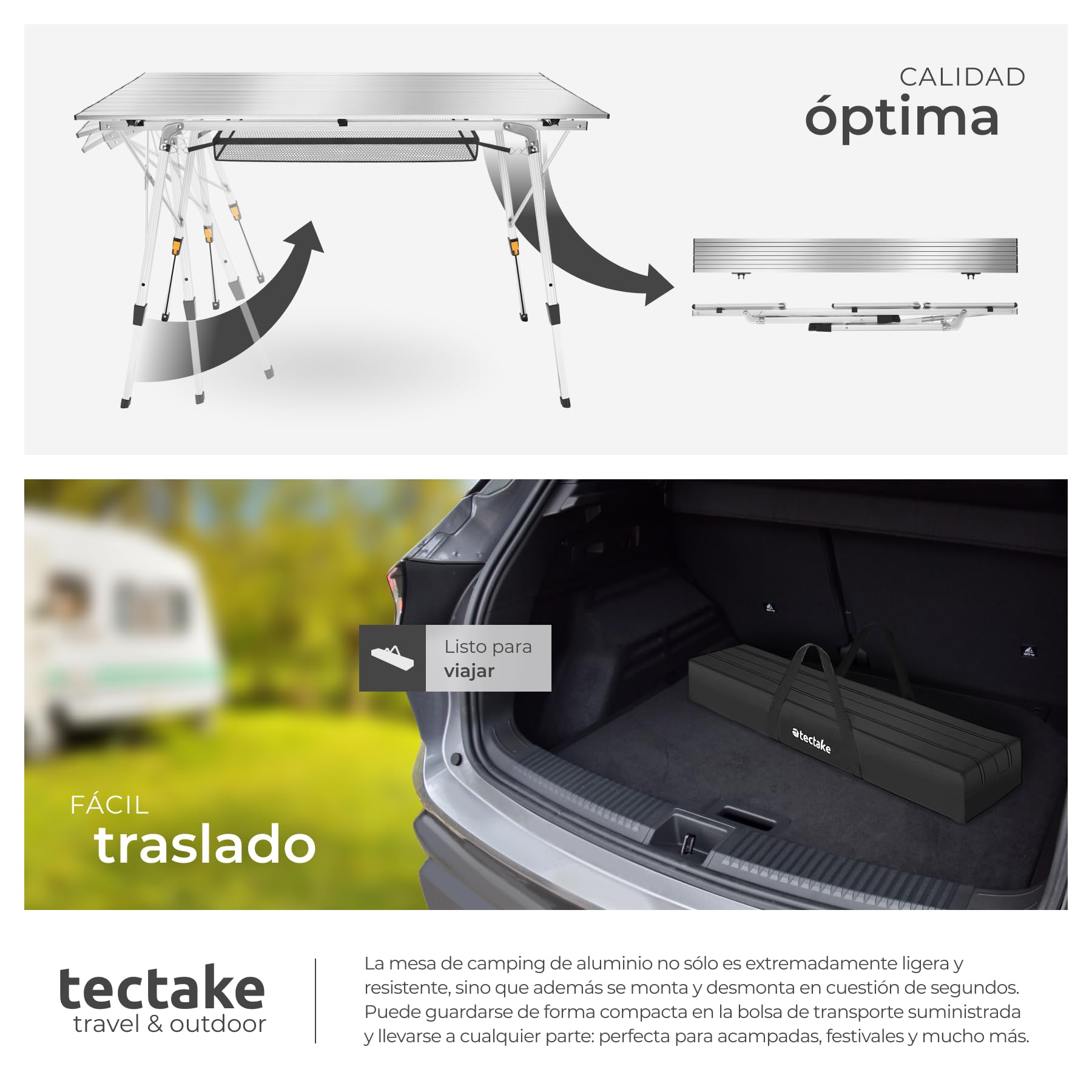 tectake® Mesa Camping Plegable con Altura Ajustable, Mesa Auxiliar de Aluminio con Topes, Mesa Exterior para Jardín, Terraza, Picnic, con Red de Almacenamiento y Bolsa de Transporte, 90x52x70 - Plata