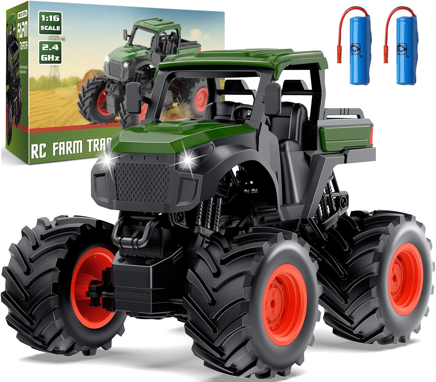1:16 Remote Control Tractor Toy, RC Monster Truck for boys age 4-7, RC Truck with 2×800mAh, LED Lights, Realistic Working Sounds, Green Toy Vehicle Birthday Gift for Kids Boys Girls 4-12 Year Old