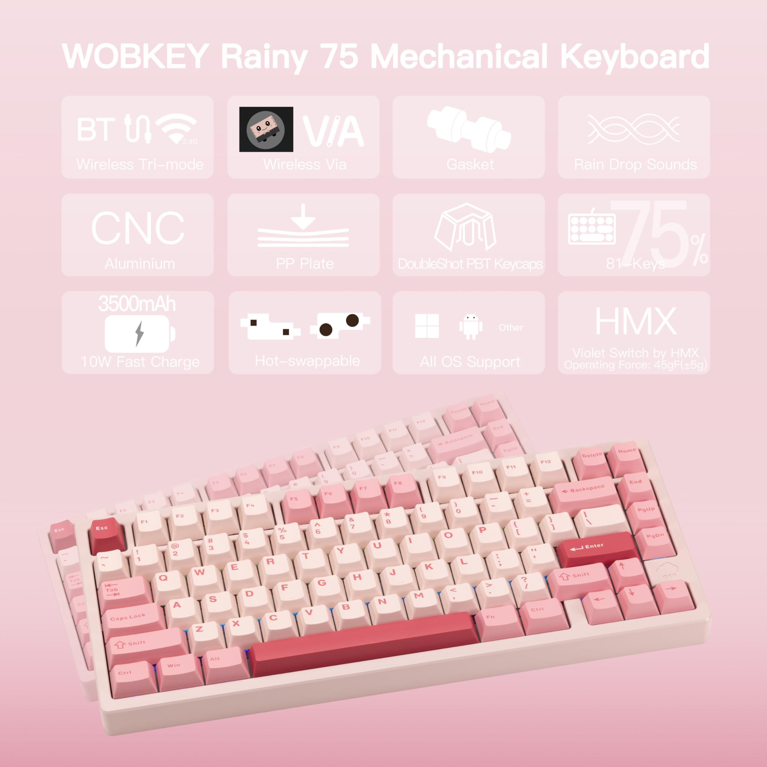 KEEBMONKEY WOBKEY Rainy 75 CNC Aluminum HMXJWKCocoa Switches Triple-Mode Connectivity Mechanical Keyboard with Superior Acoustics RGBPPMirrored Glass3500mAhViolet Switch Standard - Pink product thumbnail 4