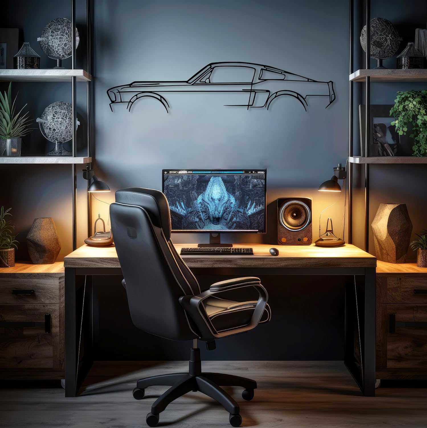 DecoSoul Mustang Metal Car Wall Art, Sports Car, Automotive Silhouette Line Decoration, Minimalist Sculpture for Garage, Indoor Outdoor Wall Hanging, Gift for Boyfriend, (Black - 25 x 5.5” inch)