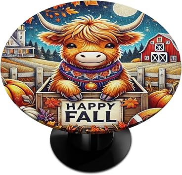Round Tablecloth with Elastic Edge Highland Cow Fall Pumpkin Fitted Circle Table Cover wipeable Round Table Cloth for Indoor Outdoor Patio Dining Kitchen Decor for 40-44inch Tables