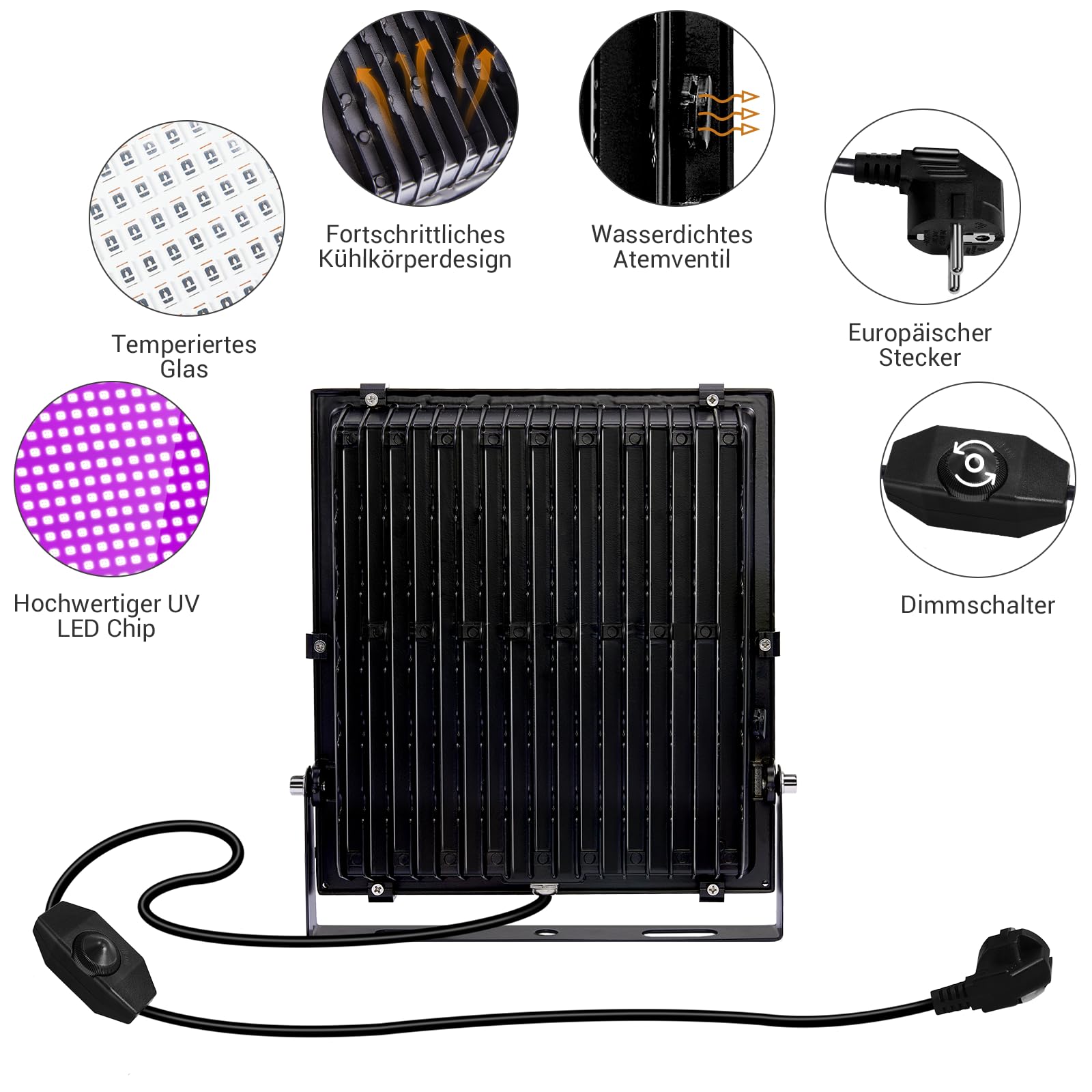 Stufenlos Dimmbares Schwarzlicht Strahler 200W LED UV Schwarzlichtlampe IP66 Wasserdicht Fluoreszenz Blacklight Schwarzlicht Fluter Für Partylichter Halloween Beleuchtung Deko (2 Stück)