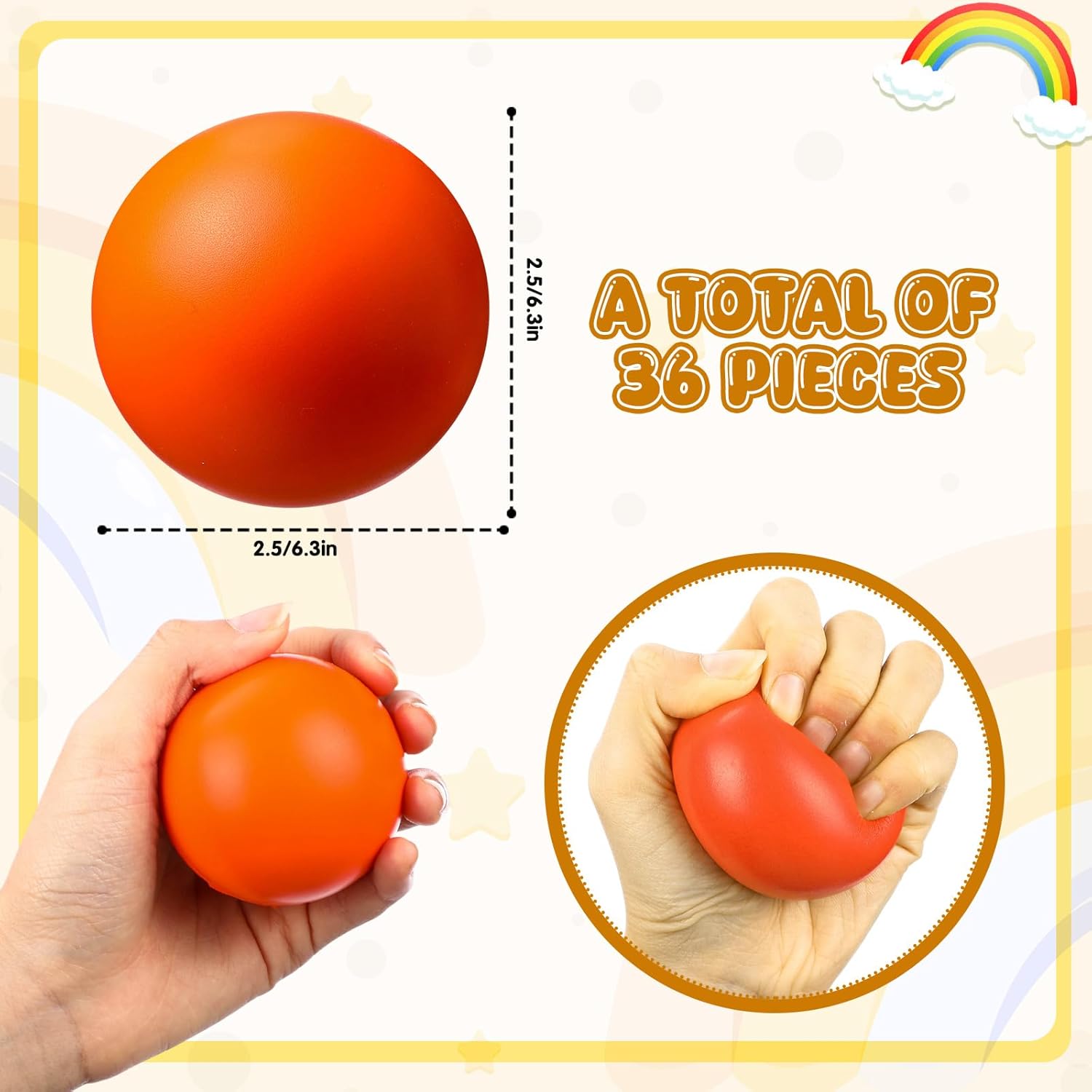 36 Pack 2.5 Inch Orange Foam Stress Relief Balls, Squeeze Stress Relief Balls Hand Exercise Sensory Toys for Focus, Therapy, Anxiety and Sensory Play, Great Gift for Kids & Adults