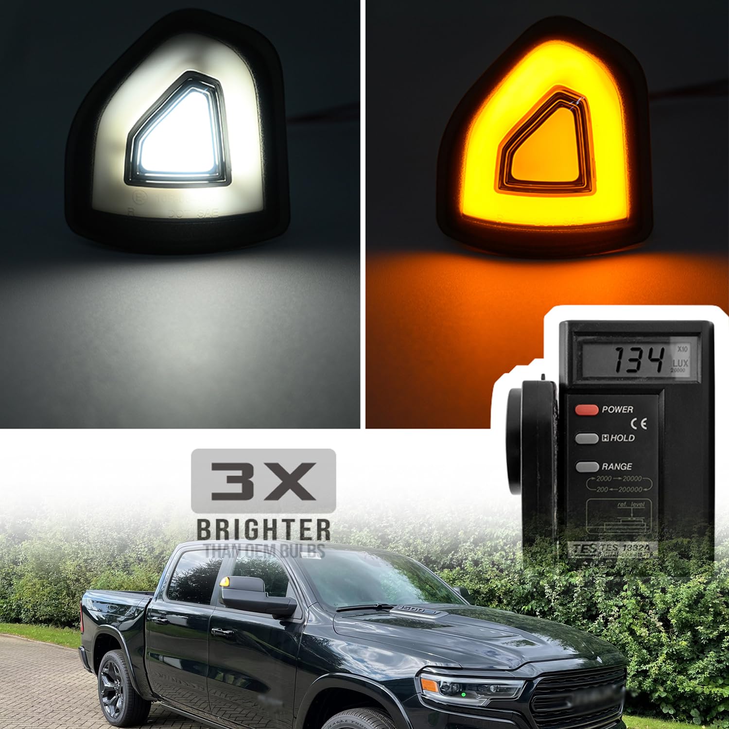 LED Side Mirror Marker Lights For Dodge Ram - Amber/White DRL Turn Signal & Puddle Lights, 2009-2021 Models, 2 Pieces