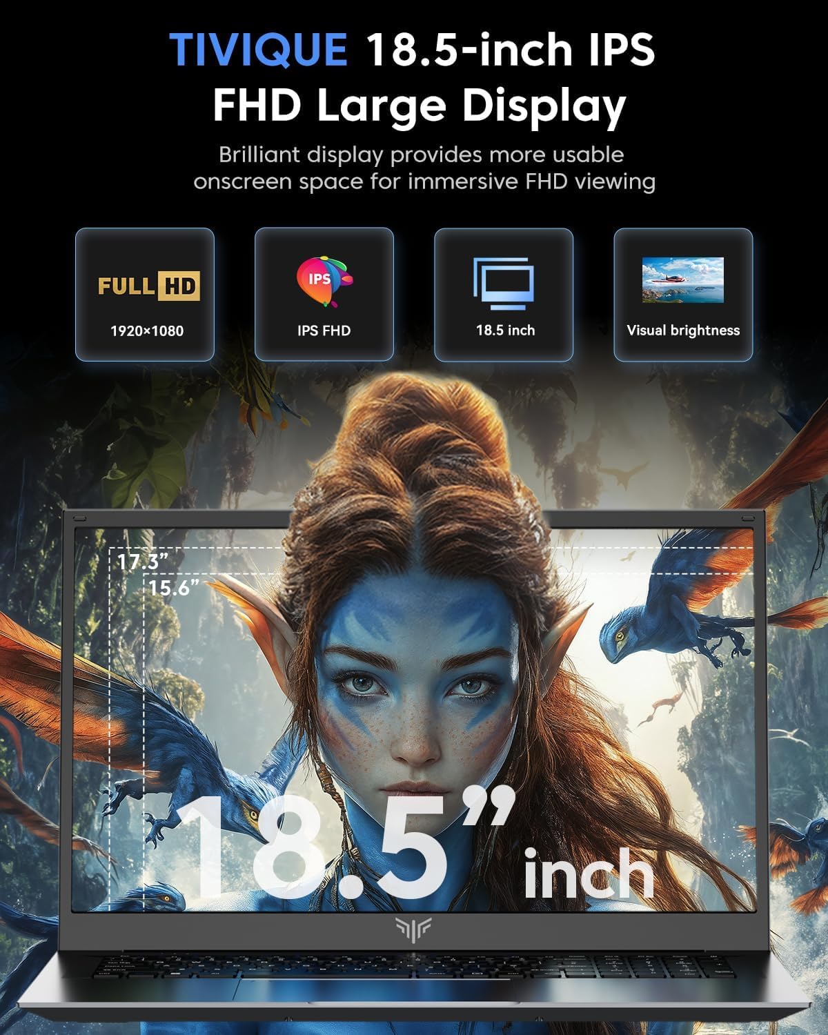 Tivique 18.5" PC Portatile Processore N150 Fino a 3.6 GHz, Batteria 8000 mAh, Computer Portatile 16GB RAM DDR4 512GB SSD Espansione 2TB, Laptop 1080P FHD, HDMI, USB3.2, Type C, Notebook Ufficio Studia