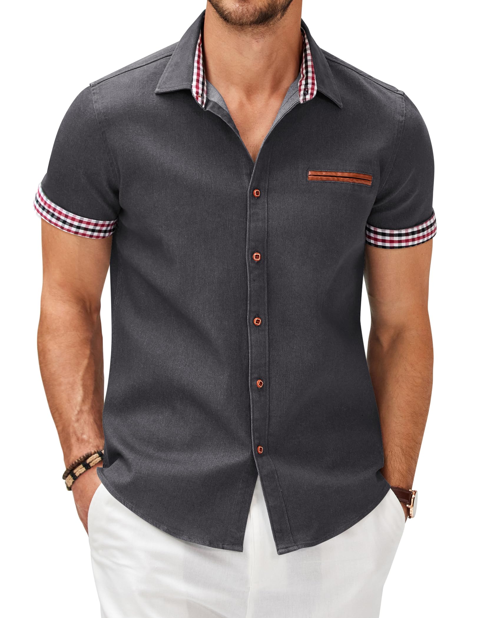 COOFANDY Herren Hemd Kurzarm Jeanshemd Slim Fit Baumwolle Vintage Freizeithemd Sommer Hemden Für Herren Button Down Shirt