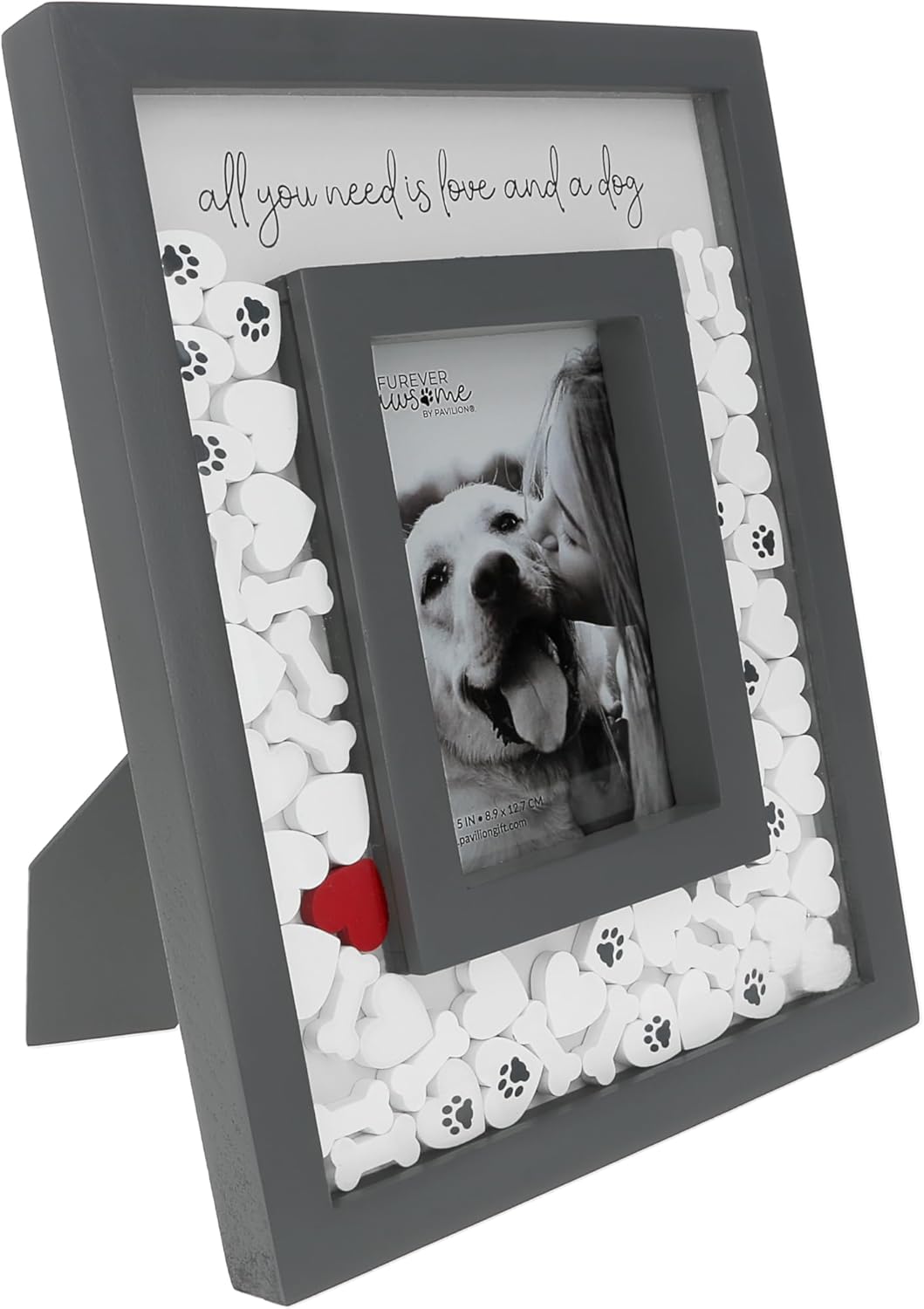 Pavilion Gift Company - Love & A Dog - 3.5" x 5.5" Vertical Portrait Photo Picture Frame Shadowbox With Moving Icons Puppy Doggy K9 Dog Lover