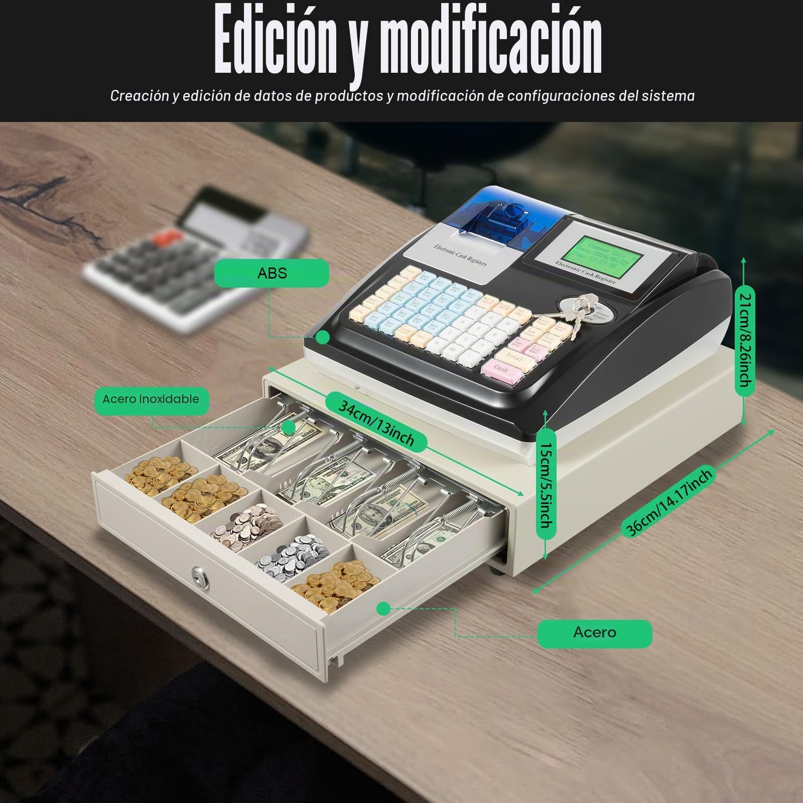 Caja registradora electrónica con cajón con cerradura, 48 llaves, sistema POS Casher, pantalla digital LED para venta al por menor, restaurante, idioma (inglés)