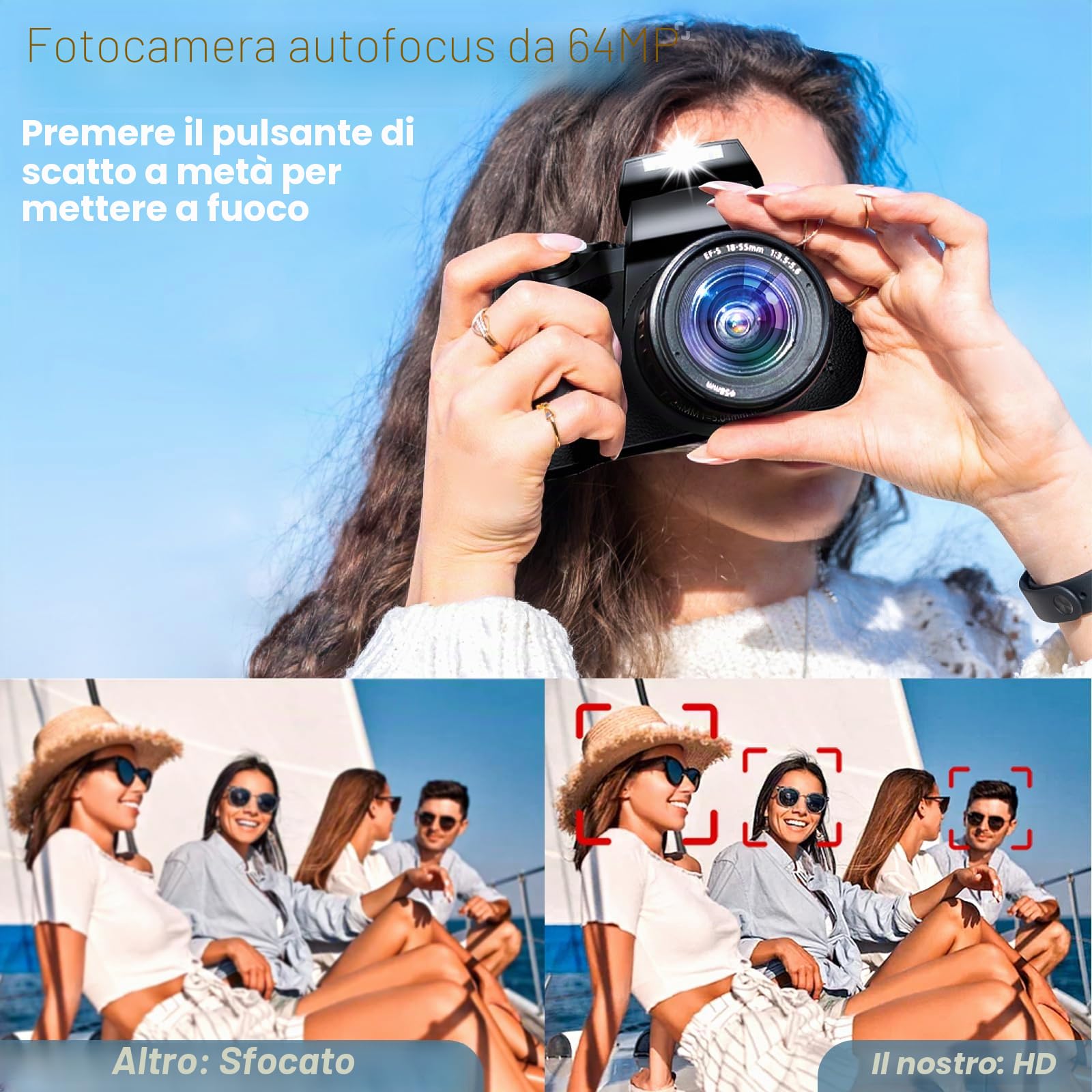 Fotocamera digitale 4K 64MP, camera con touchscreen da 4,0", zoom digitale 16X, fotocamera compatta per principianti con funzione WiFi (1)