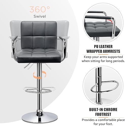 Miniatura 6 de Huracan Juego de 2 sillas giratorias de altura de mostrador, sillas de bar grises con brazos, sillas modernas ajustables para cocina de 360 grados