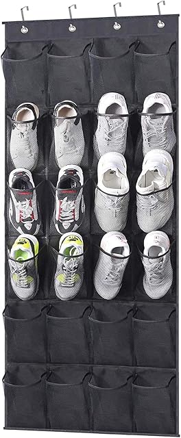 MISSLO Over the Door Shoe Organizer Door Tidy Hanging Shoe Storage Organiser with 24 Large Mesh Pockets Shoe Rack Holder Hanger (Black)