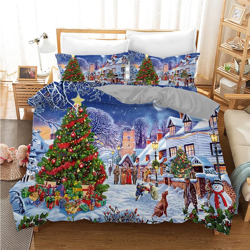 Housse de couette fermeture éclair 240x260 et parure de lit sapin de noël bleu