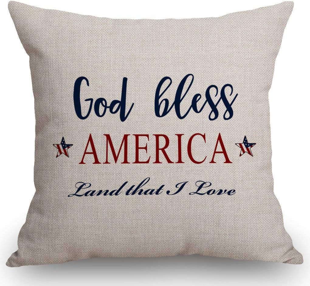 SSOIUGod Bless America Pillow Cover - Linen Pillow Cover - Farmhouse Decor - Farmhouse Pillow Covers Rustic Pillow Rustic Decor 4th of July