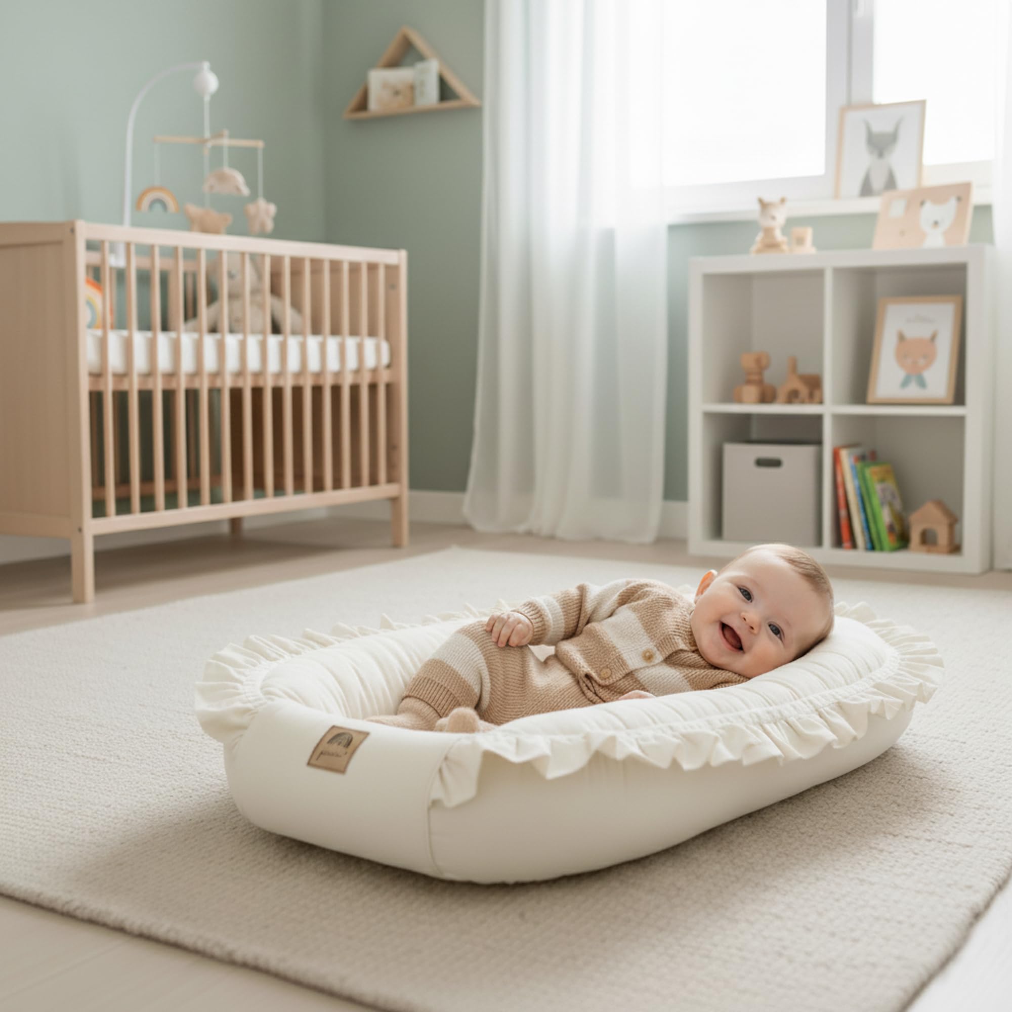 PIMKO Nido de bebé con volantes para bebé, capullo para bebés y recién nacidos, 100% algodón, adecuado para el hogar, 55 x 90 cm (beige con solapa)
