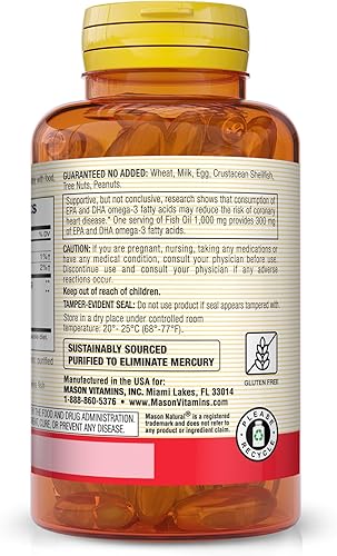 Miniatura 3 de Mason Natural, Aceite de pescado Omega 3 de 1000 mg Softgels, botella de tamaño extra de 200 unidades, suplemento dietético que apoya la salud del
