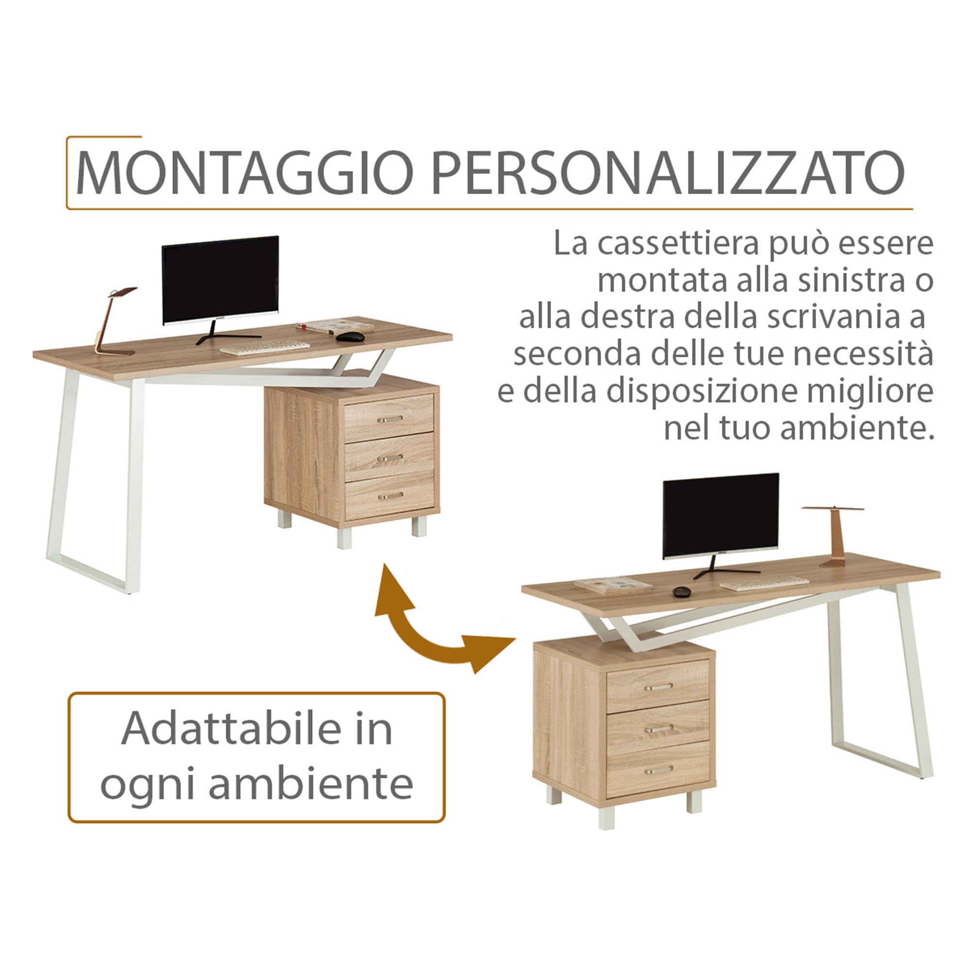 yelloo - Scrivania con Cassetti Salvaspazio, Scrivania Ufficio per Computer, Adatta per Cameretta, Scrivanie dal Design Moderno ed Elegante, Tavolo Ufficio Porta PC (Mod. ELEGANT Quercia)