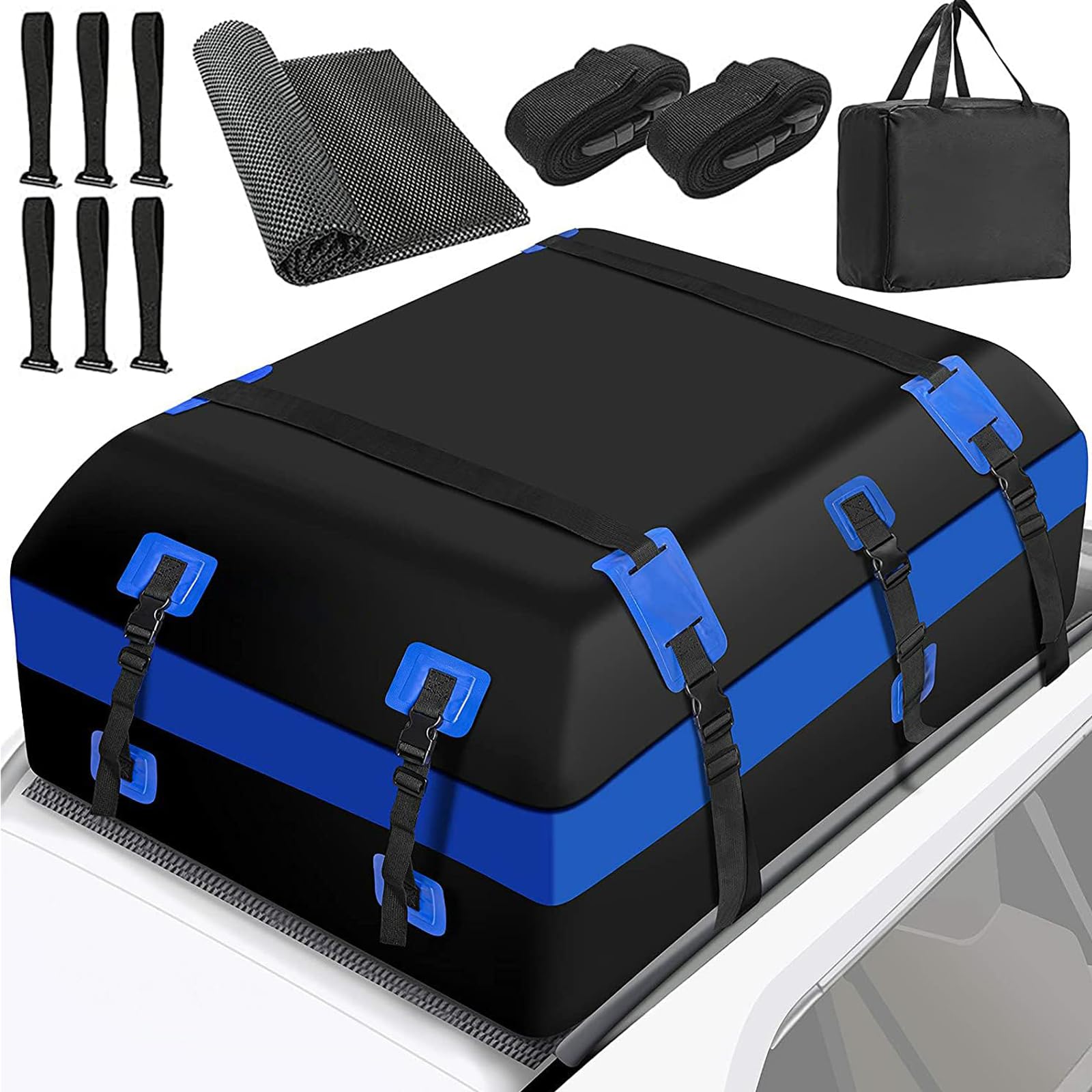 Extra Grand Sac Coffre De Toit Voiture 651L 23 Cubic Ft Souple Pliable avec/sans Barre De Toit 700D PVC étanche avec Attache Coffre De Toit Tapis Antidérapant 10pcs Sangles Renforcées 6 pcs Crochets