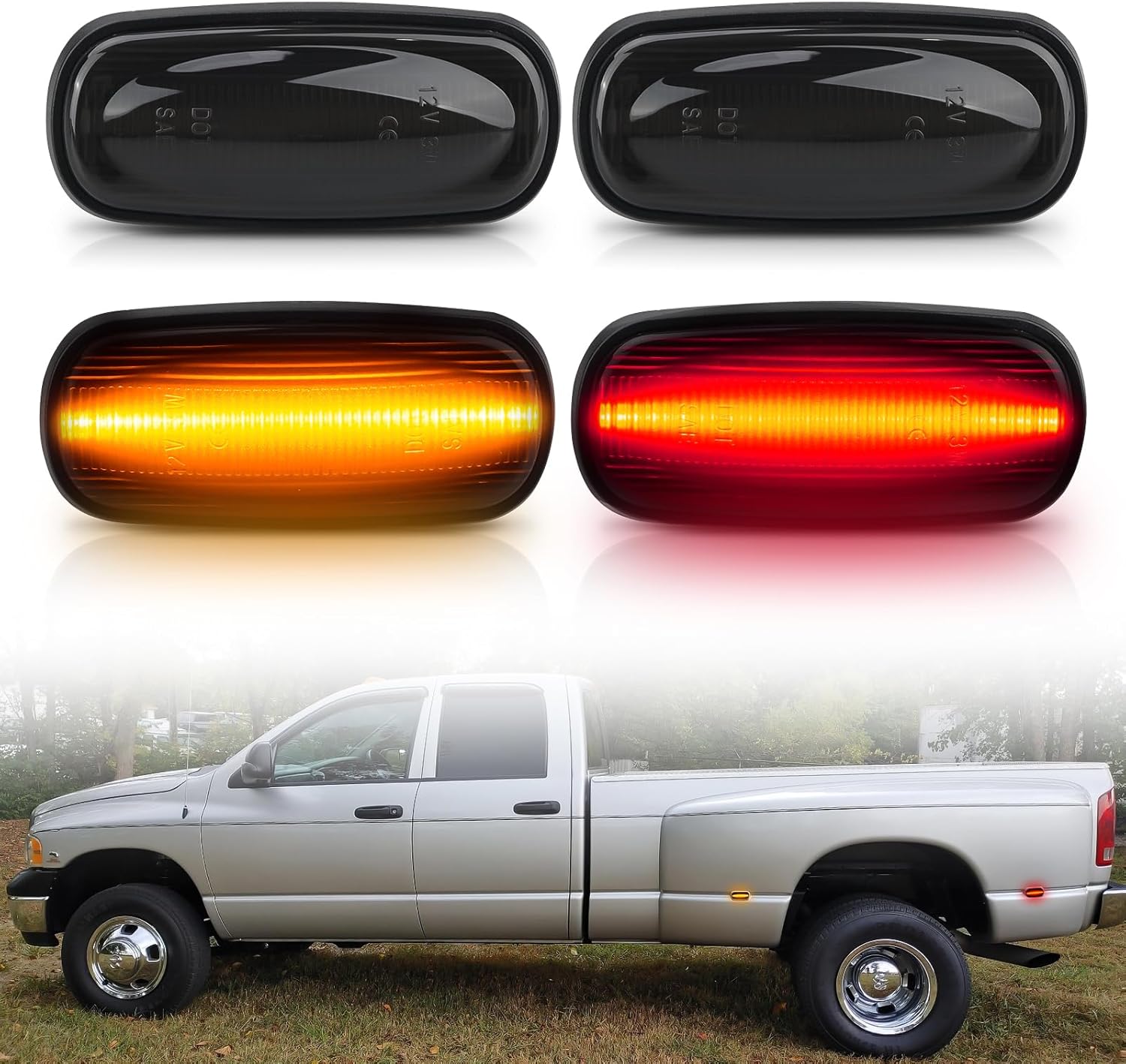 Bestview LED Dually Side Marker Lights for 2003-2009 Dodge Ram 2500 3500, Amber＆Red Front&Rear Bumper Fender Bed Lamp Assembly Kit accessories,Smoked Lens(Pack of 4)