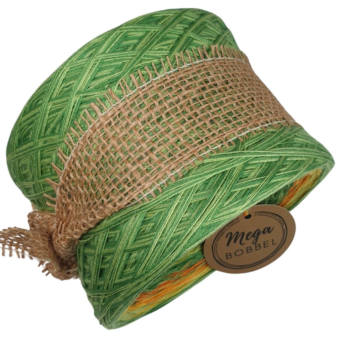 MegaBobbel*Strudel mit Grün & Gelb*A473* (Außenfarbe: Froschgrün+Blattgrün) Farbverlaufsgarn - Lace Garn Bobbel Wolle zum Häkeln & Stricken - 50% Baumwolle/50% Polyacryl (4 fädig, 3750m)