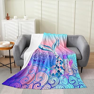 Mermaid Tail Bed Blanket for Kids,Watercolor Mermaid Flannel Blanket Throw 50x60,Cartoon Little Mermaid Blanket for Girls,Nautical Rainbow Ombre Sea Animal Fuzzy Blanket,Pink Blue