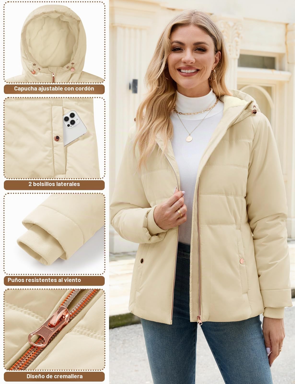 Chaqueta Mujer Invierno Corto Abrigo Acolchado Cálido Abrigos Gruesa Plumifero con Cremallera Chaquetas Polar Elegante Parka Prueba de Viento Softshell Jacket para Uso Diario y al Aire Libre