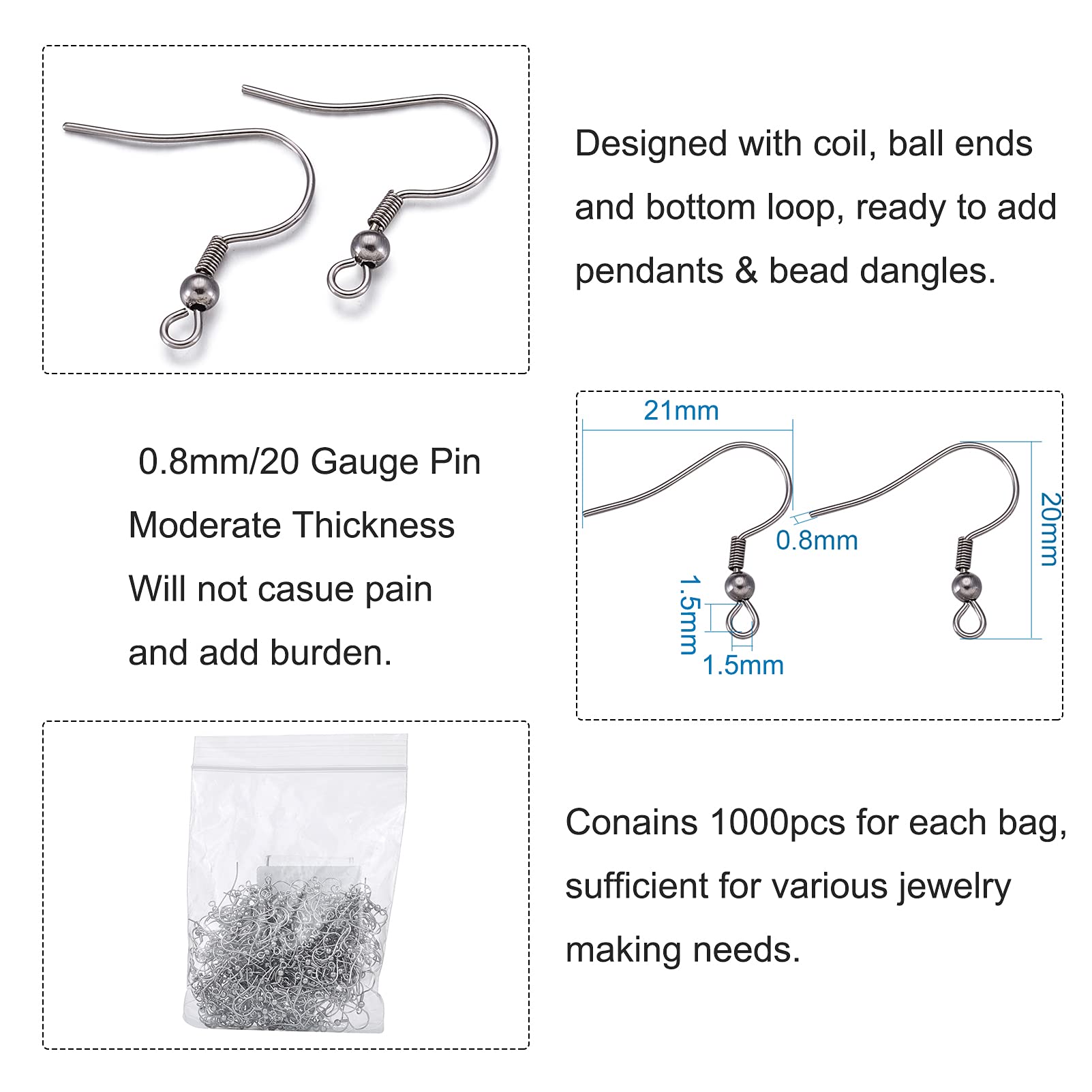 304 Stainless Steel Earring Hooks 14mm x 15mm – Affordable Jewellery  Supplies