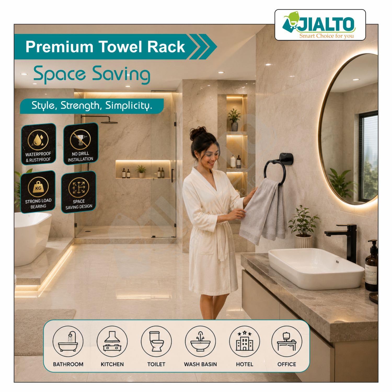 JIALTO 1 PCS Self Adhesive Towel Ring Matte Black, Oval Shaped Modern Hand Towel Holder, Stainless Steel Adhesive Hand Towel Hanger for Bathroom & Kithen Wall Mount (No Drilling) (Black) — Amazon image 3