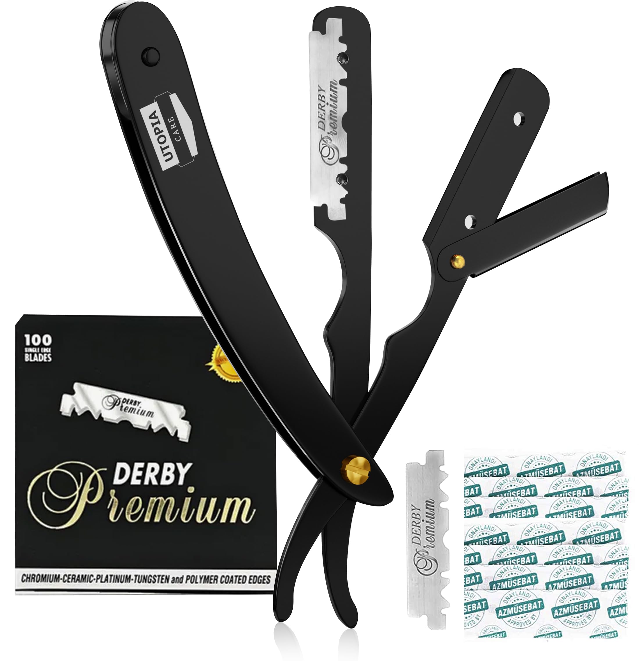 Professional Straight Razor for Men, Barber Straight Edge Razor Safety with 100 Pack Blades, Black