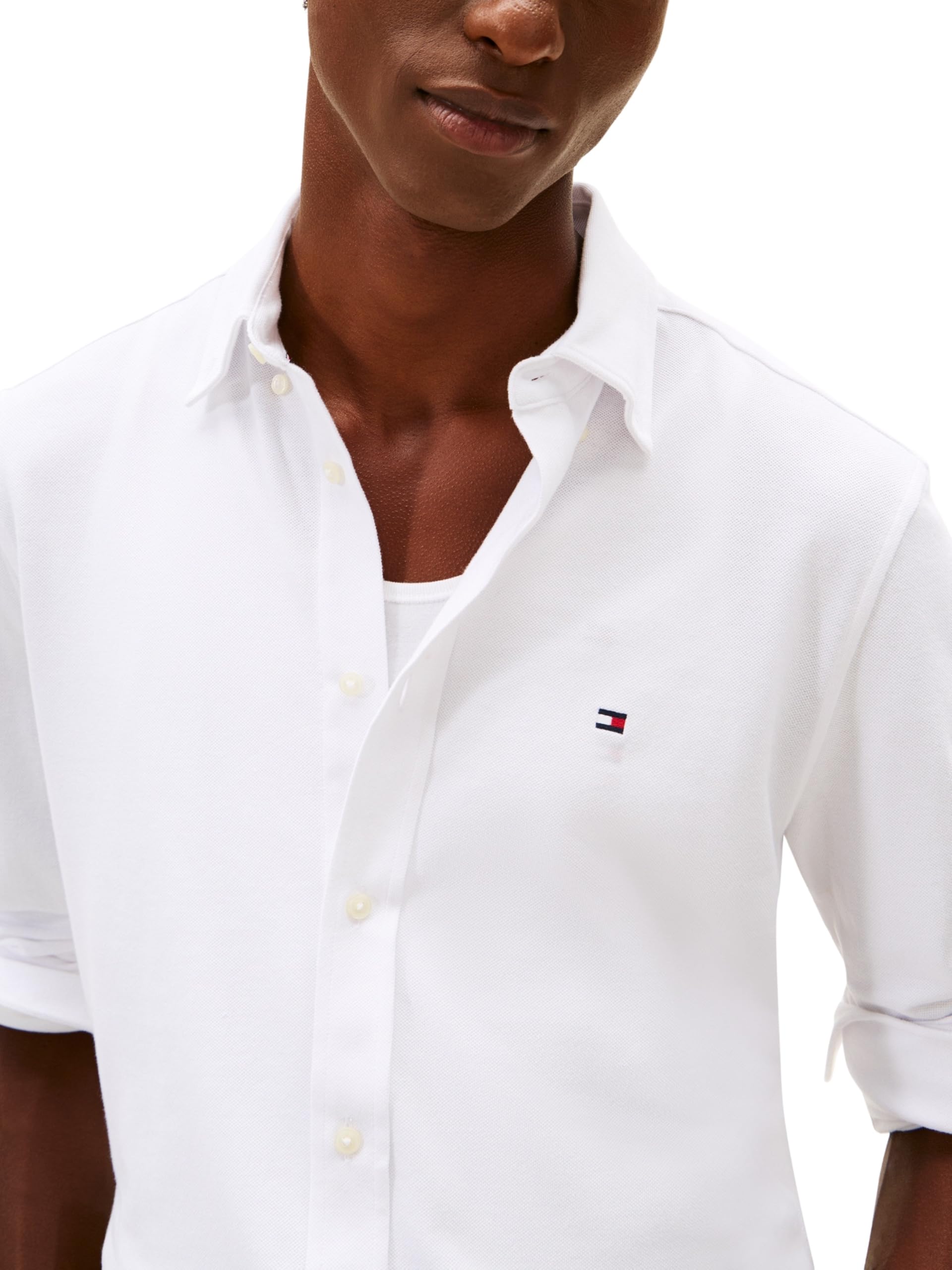 Tommy Hilfiger Męska dzianinowa koszula Pique Featherweight MW0MW41690 L/S Koszula, biała, L, Biały (biały), L