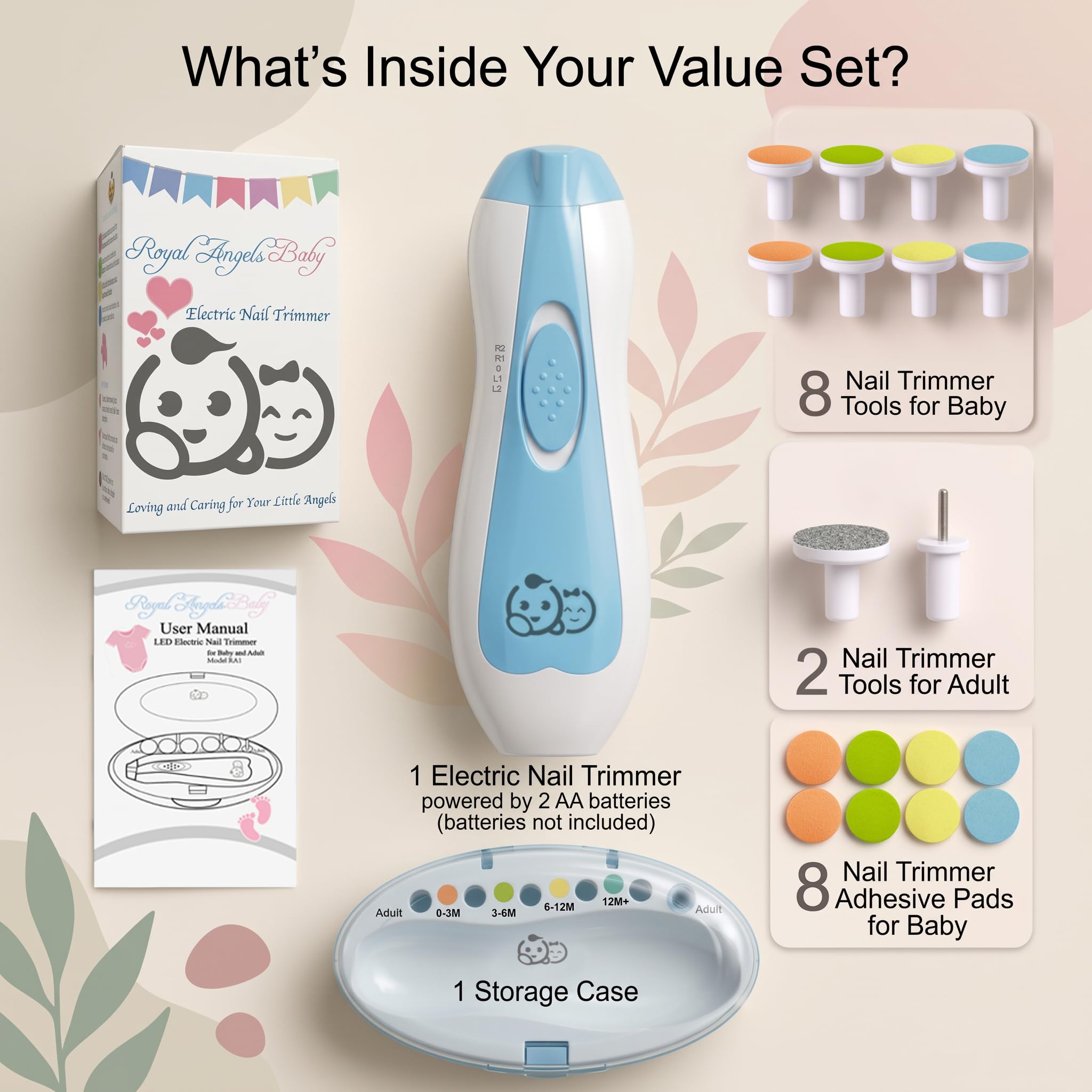 Royal Angels Upgraded 21 in 1 Baby Nail Trimmer with Labeled Case, 12 Extra Replacement Pads, Safe Electric Baby Nail File Kit for Newborns & Toddlers, Whisper Quiet Nail Clipper with LED Light (Blue) — Amazon image 3