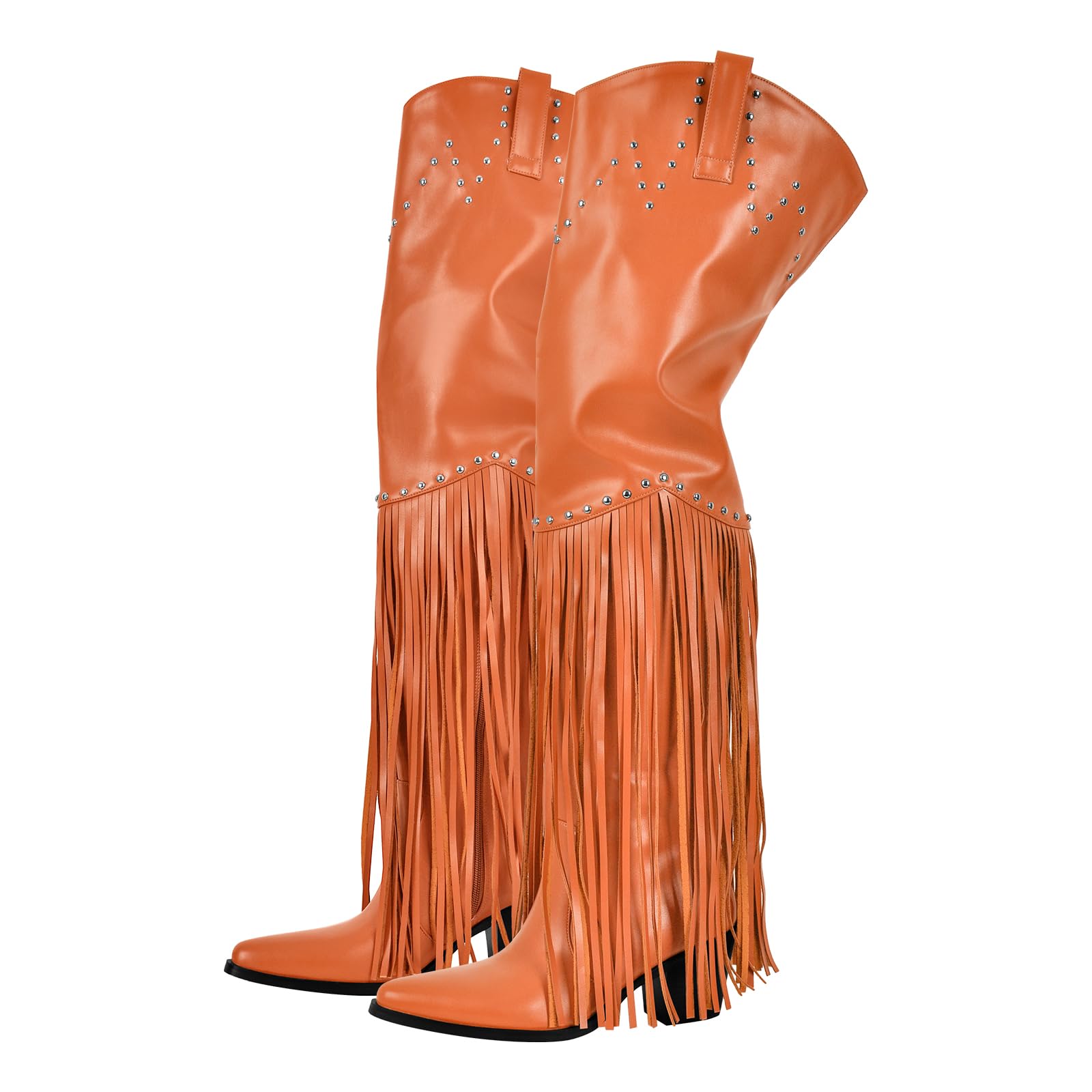 richealnini Western Thigh High Cowboy Boots with Fringe Over Knee Wide Calf Cowgirl Boots