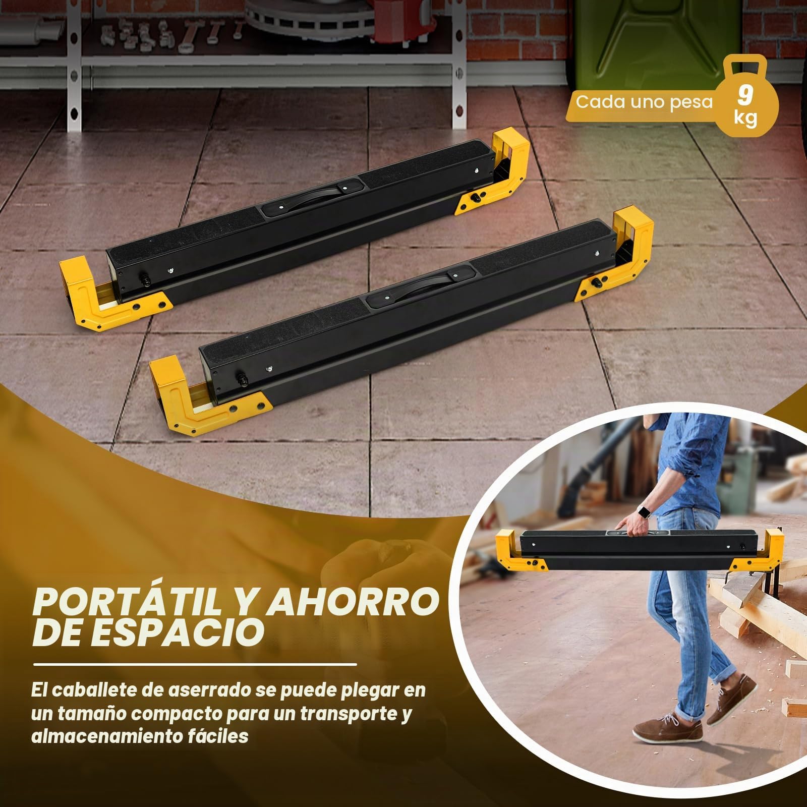 GOPLUS Juego de 2 caballetes de sierra plegables, caballetes de sierra de acero con 9 niveles de altura ajustable, asas de transporte, pie antideslizante, carga 1180 kg para garaje, casa (Amarillo+