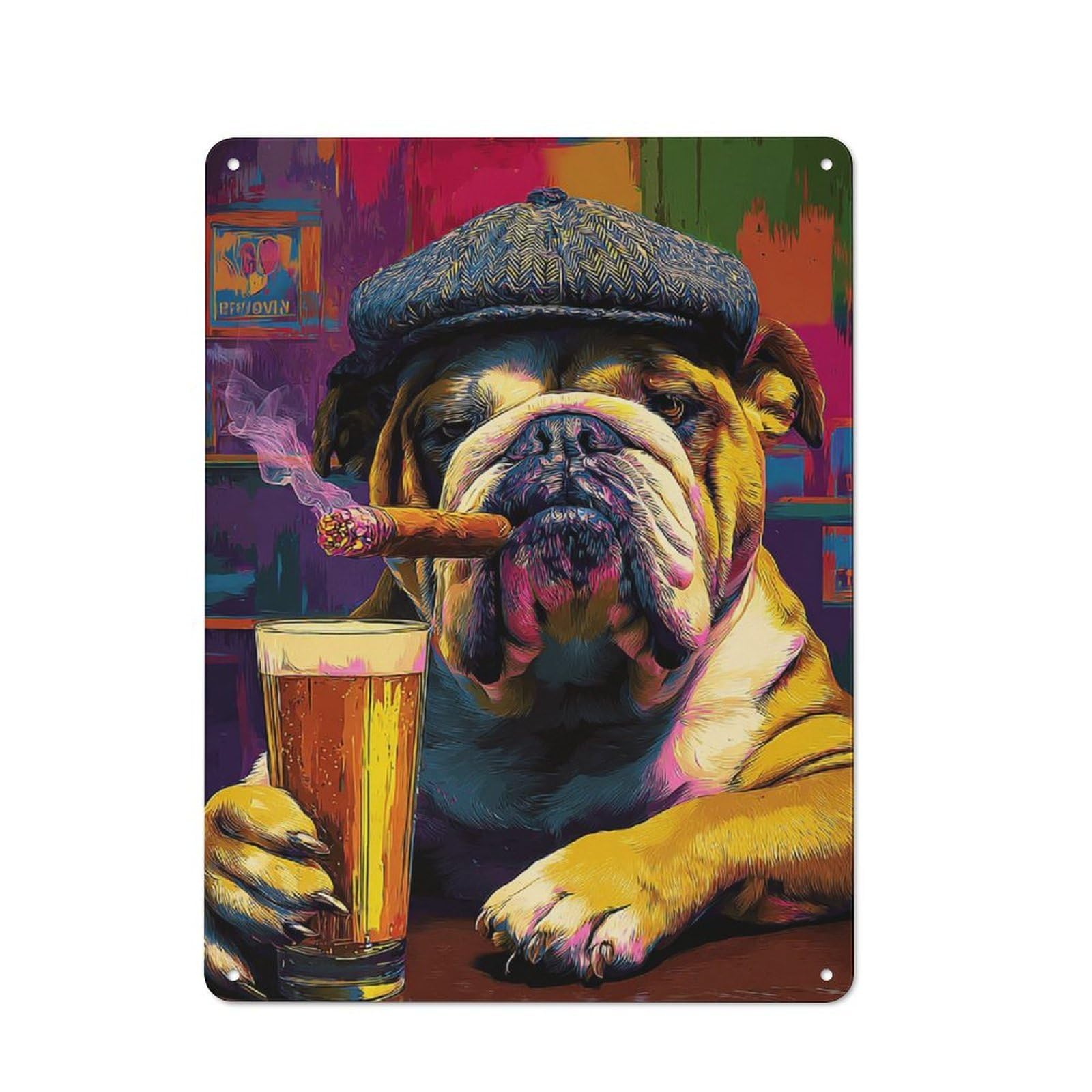 Junmoney Chill Bulldog With Beer And Cigar -1 Cafe Metal Sign 40X30cm, Shop Front Style Restaurant Wall Art For Takeaway, Bar, Kitchen Or Counter Area
