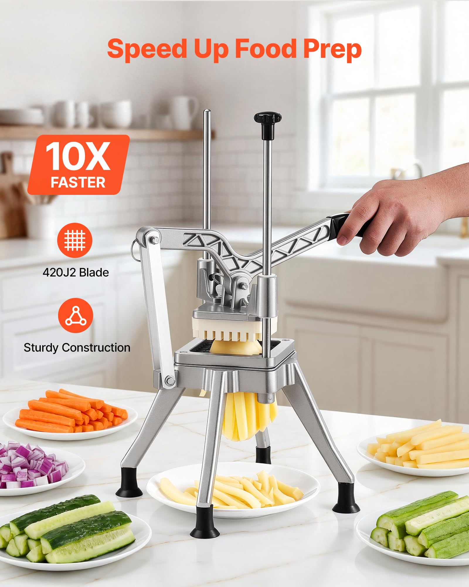 VEVOR Pommes Frites Schneider, Kartoffelschneider mit 1/4 Zoll Klinge aus 420J2-Edelstahl, Frittenschneider, Gemüseschneider, Obstschneider mit Ergonomischem Griff, für Restaurants, Cafeterias