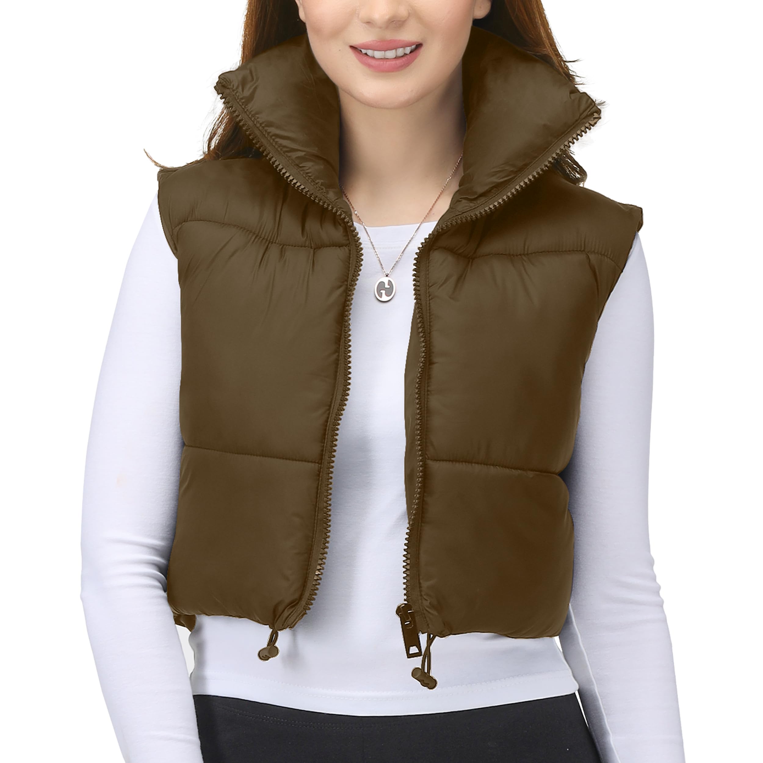 NY Threads Cropped Puffer Vest Women Lightweight Stand Collar Sleeveless Zip Up Winter Padded Gilet, Medium, Brown