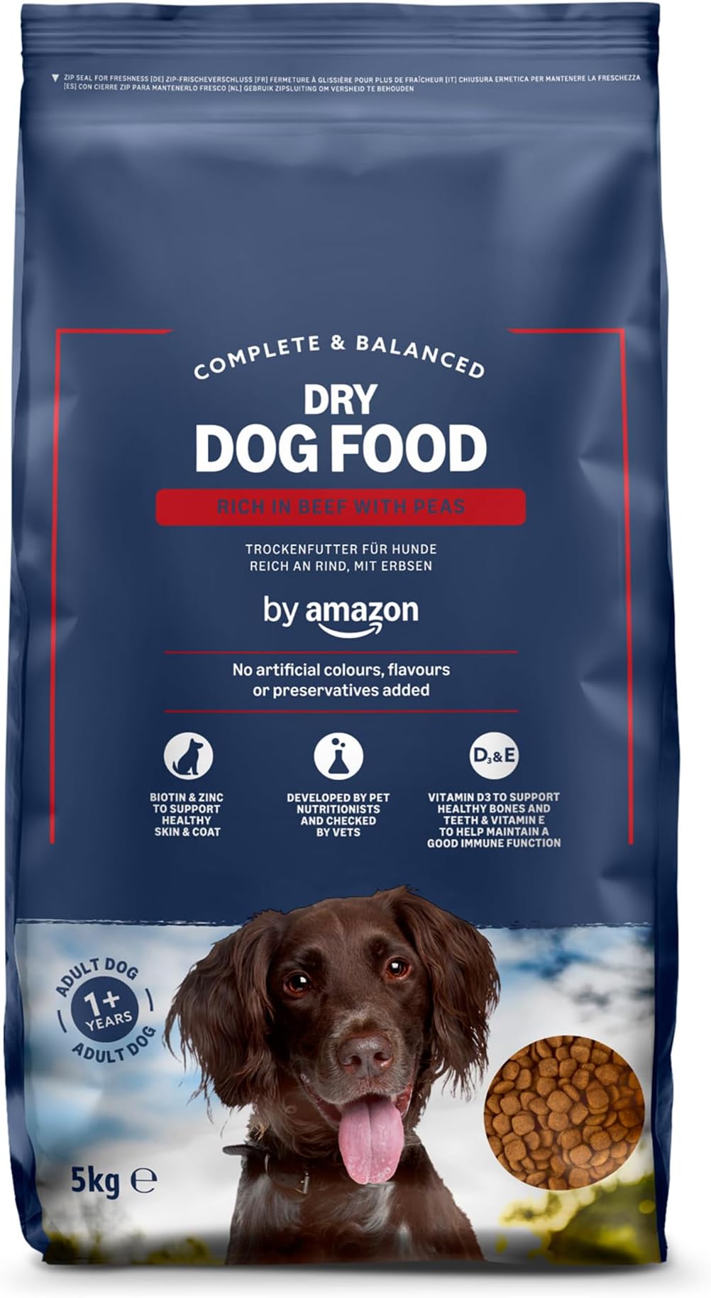 by Amazon - Complete Dry Dog Food for Adult Dogs, Rich in Beef with Peas, 1 Pack of 5kg