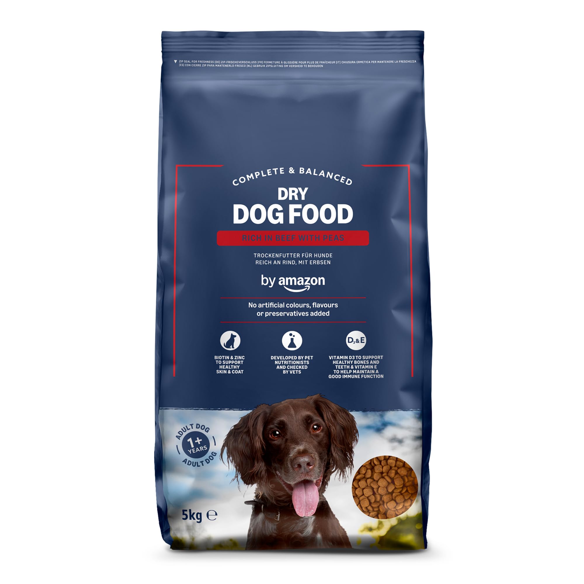 by Amazon  Vollwertiges Hundetrockenfutter fr ausgewachsene Hunde, Reich  an Rindfleisch mit Erbsen, 1 Packung  5,0kg (zuvor Our Essentials) :  Amazon.de: Haustier