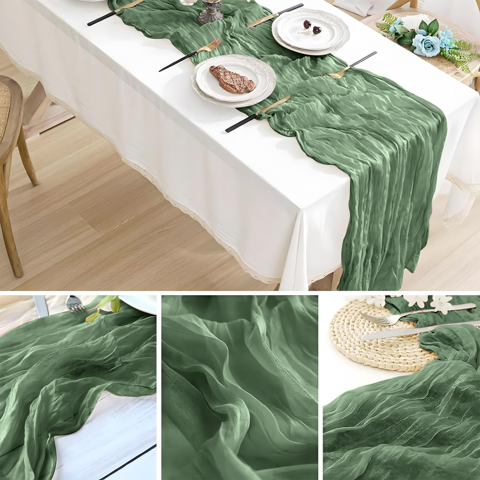 YAOYAIN Runner da Tavola Verde Salvia, 6 Pezzi 90 x 300 cm Boho Runner Verde Lavabile Table Runner, Per Decorazioni Matrimonio, Festa, Decorazioni Tavolo Compleanno, Baby Shower