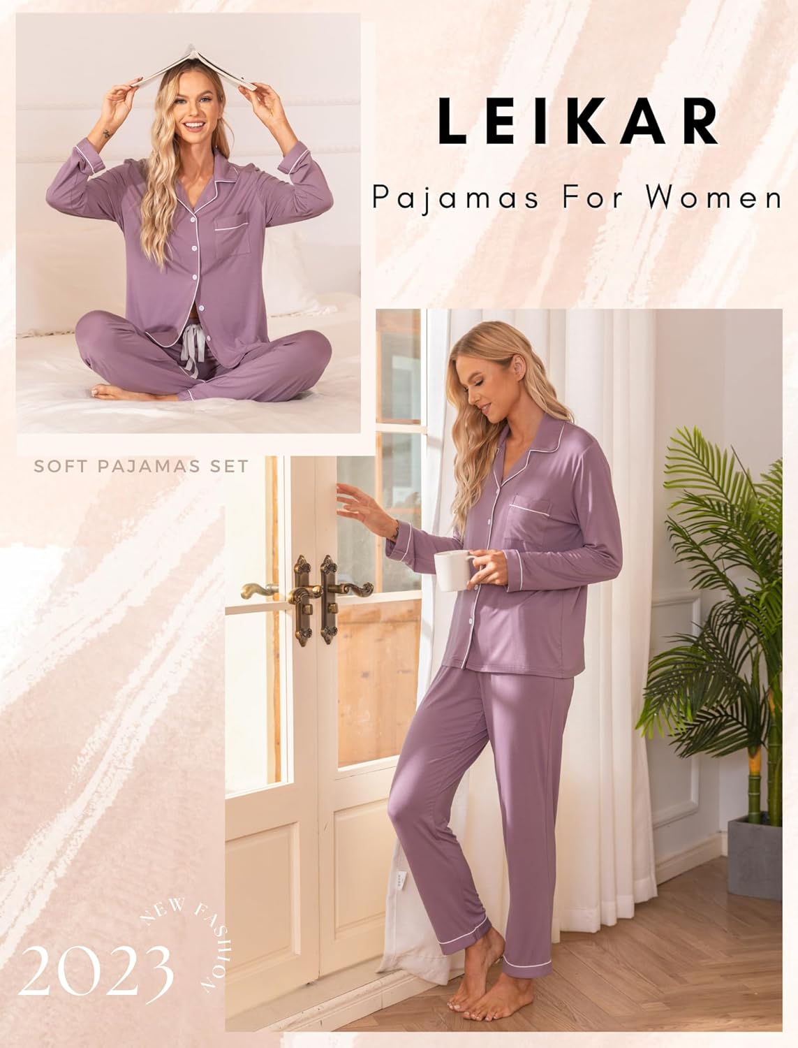 Leikar Button Up Pajama Set For Women Long Sleeve Shirt And Pajama Pants Soft Pjs Lounge Sets - Image 3