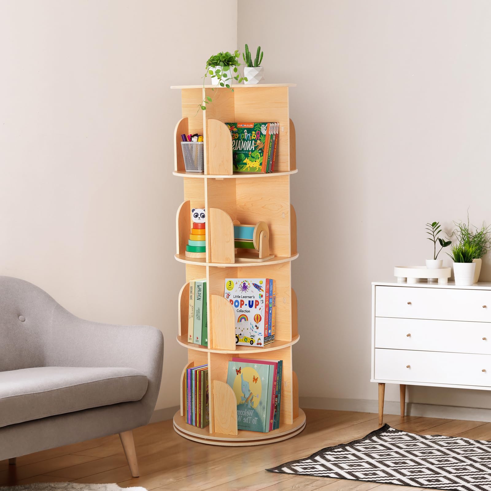 OOOK Drehbares Bücherregal, 360° Bücherregal Drehbar mit 4 Etagen, Drehregal Schmal für Kinder und Erwachsene, Bücher Standregal Holz für Bibliothek, Wohnzimmer, Schlafzimmer