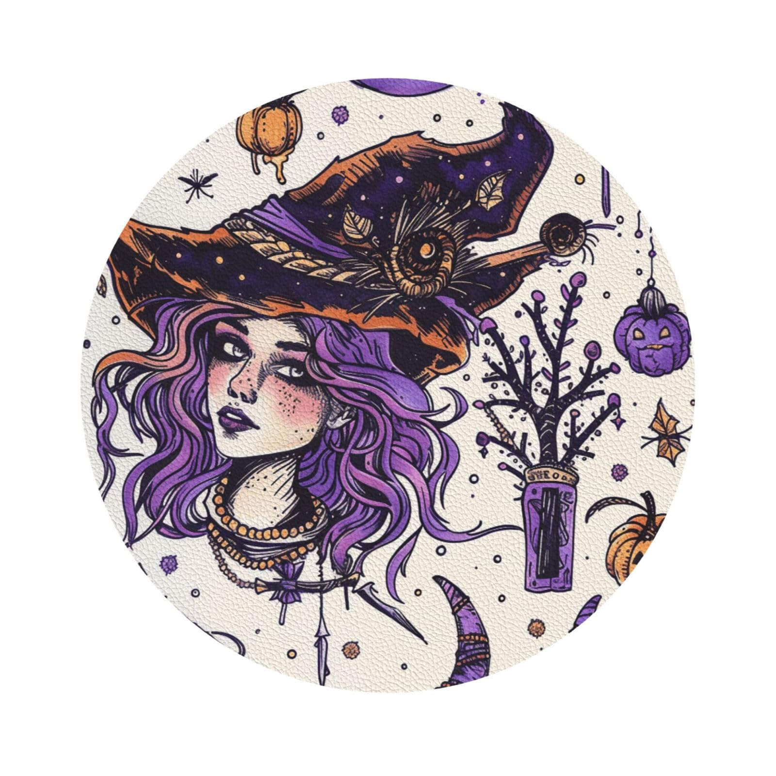 Magic Witch Witchcraft Bohemian Drawing Print Leather Coaster Set of 6, Round Shape Coasters Table Decorative Coffee Cup Beverage Coasters Wine Beer Bar Coasters for Hot Drinks Table Protection