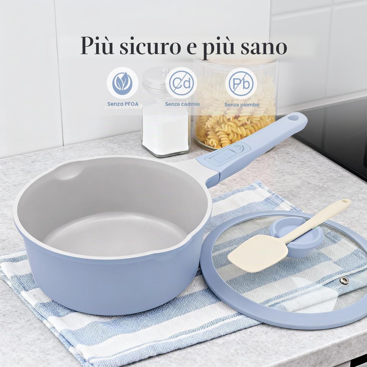 AIKENBBKK Casseruola in Ceramica da 20 cm con Coperchio, Casseruola da 2,5L con Rivestimento Antiaderente in Ceramica e Manico Rimovibile, Adatta a Tutti i Tipi di Piano Cottura-Azzurro