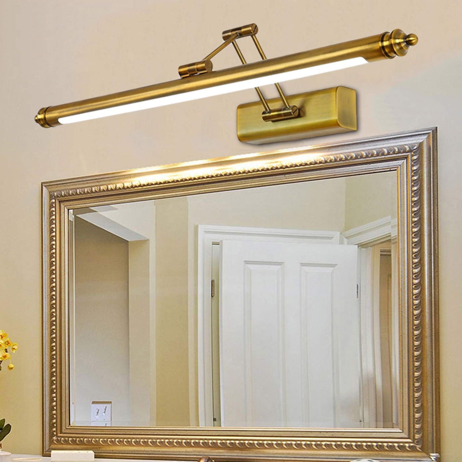 Mosiężna lampa łazienkowa w stylu retro, nad lustro, regulowana, z metalową podstawą, w stylu vintage, 3000 K, ciepła biel, lampa ścienna do wnętrz, antyczna, do szafki z lustrem, 50 cm/8 W