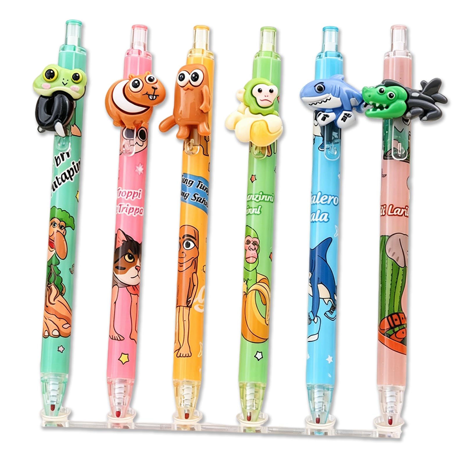 Qubitly 12 Pcs Colourful Italian Brainrot Erasable Gel Pens, 0.5mm Blue Ink Retractable Pens with Built-in Eraser, School Office Home Stationery Supplies