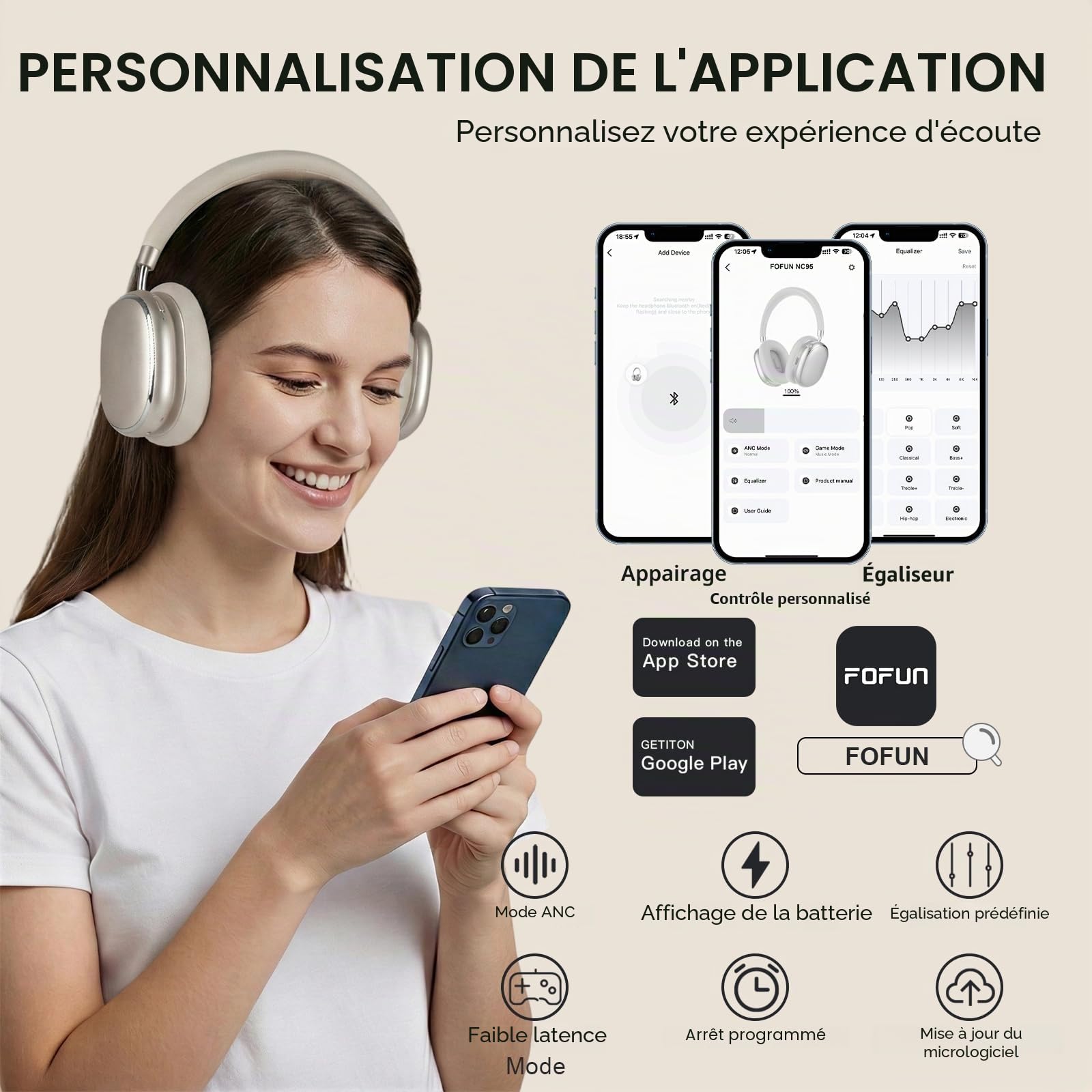 NC95 Casque Bluetooth sans Fil à Réduction de Bruit Hybride,Bluetooth 6.0,120 Autonomie,Contrôle par Application,Mode Transparence,Charge Rapide pour Les Voyages/Le Travail(Lumière des étoiles)
