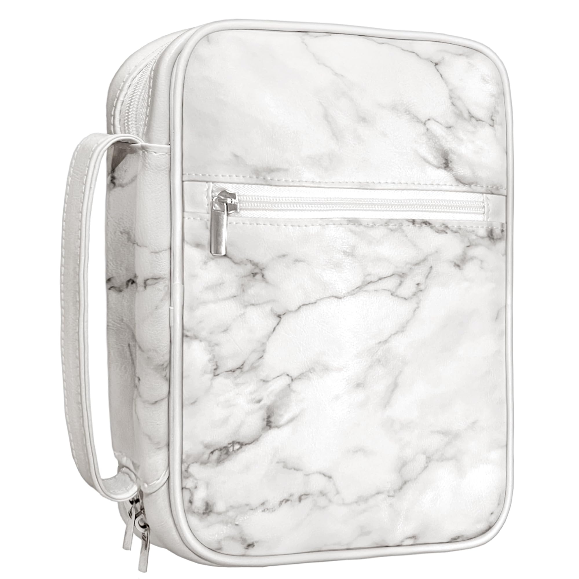 White Marble Bible Case, PU Leather Cover 7.5x10x2.5 Inches for Women With Storage and Carrying Handle, Weather Resistant, Large With Silver Zippers