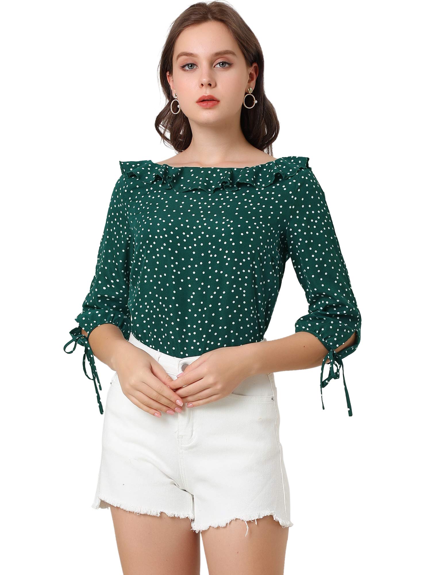 Allegra K Women's Ruffled Collar Polka Dots Shirt 3/4 Sleeve Vintage Blouse
