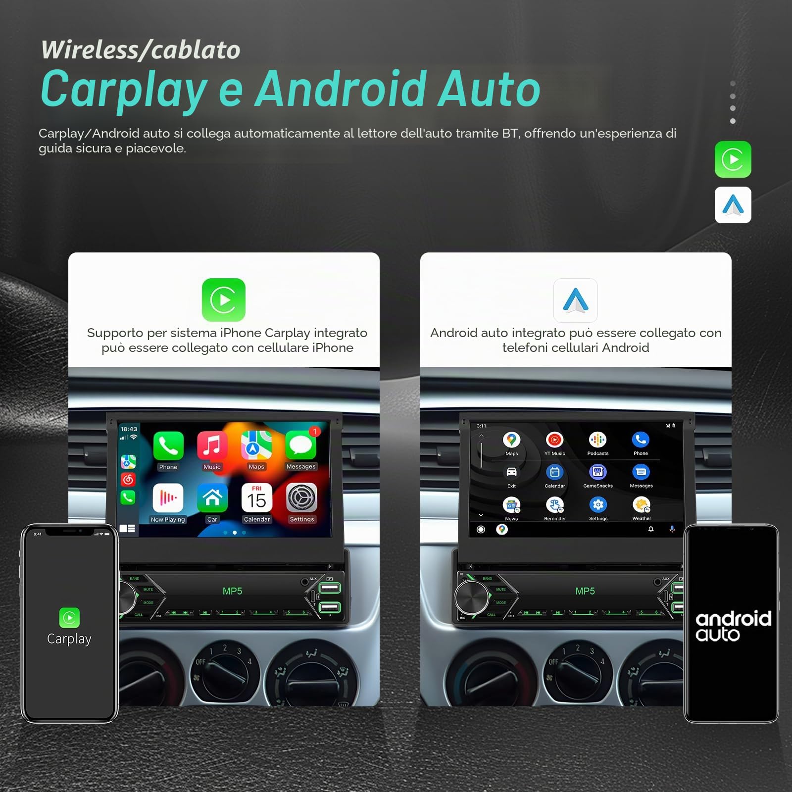 Autoradio 1 DIN Wireless CarPlay Android Auto, Schermo Retrattile da 7 Pollici Touch Screen con Bluetooth, FM, Telecamera posteriore, Comandi al Volante