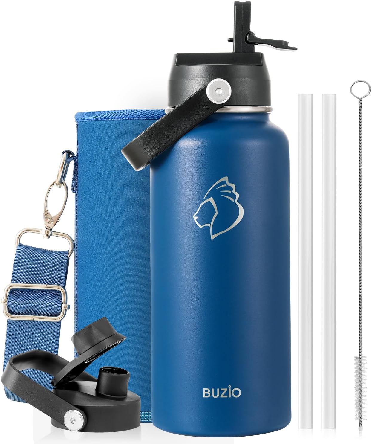 BUZIO 32 oz Water Bottle Insulated, Leakproof Stainless Steel Flask (Cold for 48 Hrs), Wide Mouth BPA-Free Metal Thermo Hydro Canteen with 2 Lids, Blue
